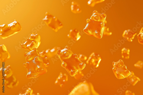Orange gummy bears floating in air on a vibrant yellow background. Gummy bear candies suspended in mid-air over bright orange backdrop. Sweets and happy childhood concept.