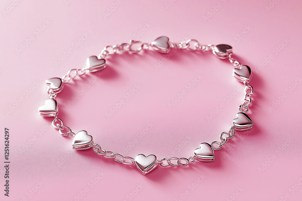 Obraz premium Elegant silver heart bracelet on a soft pink background, romantic design. Delicate heart-shaped bracelet in silver tones, elegance and love symbol on pink. Fashion jewelry, Saint Valentine's Day gift
