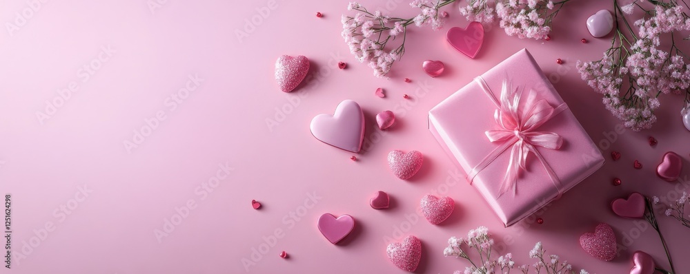 Delicate pink gift surrounded by heart shapes and flowers creates a romantic atmosphere for special celebrations. Generative AI Delicate pink gift surrounded by heart shapes and flowers creates a romantic atmosphere for special celebrations. Generative AI