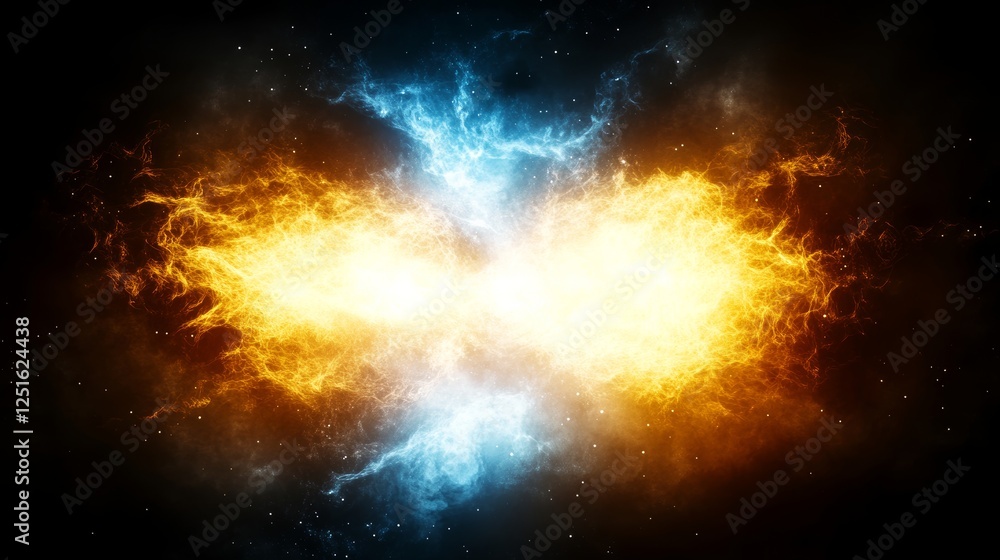 Cosmic Nebula Explosion With Dazzling Lights And Starry Sky Background Glowing Orange And Blue. Cosmic Nebula Explosion With Dazzling Lights And Starry Sky Background Glowing Orange And Blue.