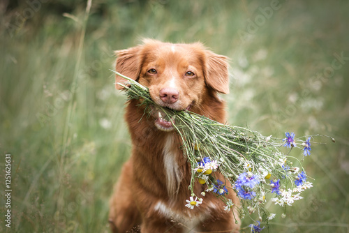 Fototapeta Naklejka Na Ścianę i Meble -  Cute nova scotia duck tolling retriever dog holding a bunch of field flowers in its mouth, smiling and looking at the camera