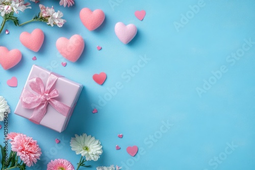 Wallpaper Mural Delicate gift box surrounded by soft pastel hearts and flowers on a vibrant blue background for a charming celebration. Generative AI Torontodigital.ca