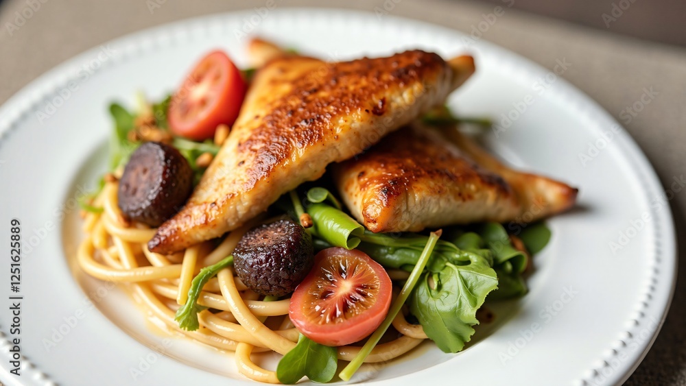 Pan-Seared Chicken with Pasta, Salad, and Roasted Vegetables Pan-Seared Chicken with Pasta, Salad, and Roasted Vegetables