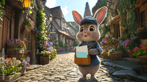 Easter Bunny Postman Delivering Letters in a Picturesque Village