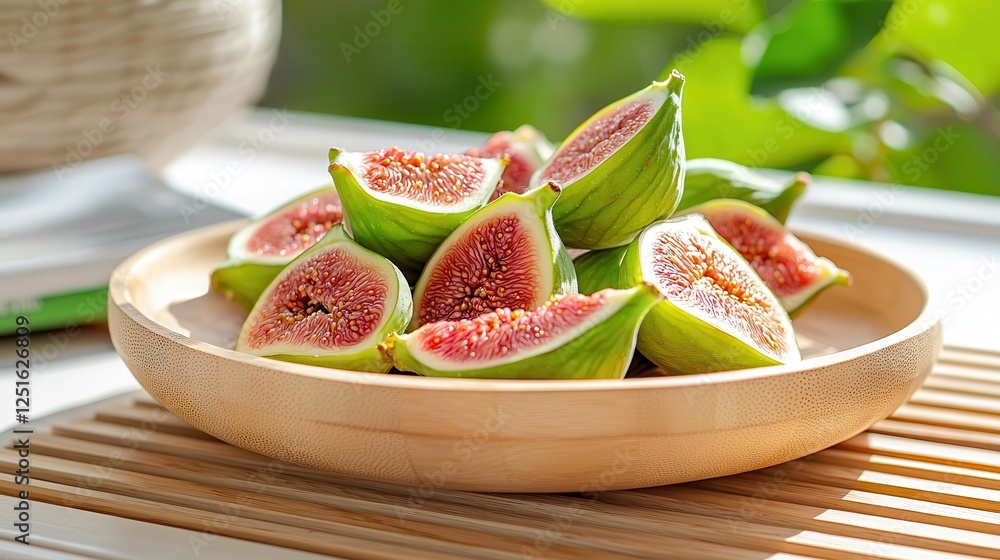 Tasty fig: A superfood with organic vitamins. Fresh figs in a wooden bowl on a neutral backdrop with greenery. Tasty fig: A superfood with organic vitamins. Fresh figs in a wooden bowl on a neutral backdrop with greenery.