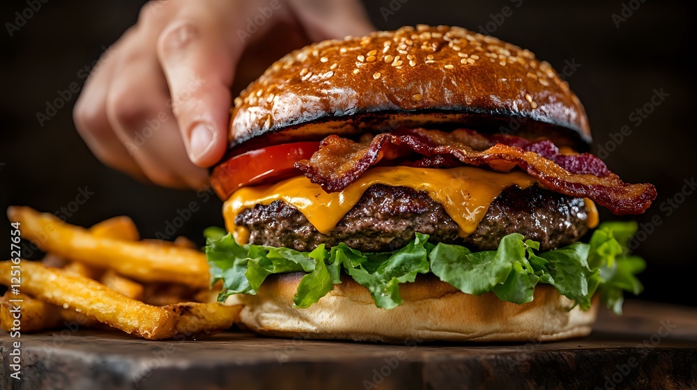 Juicy double cheeseburger with melted cheese, crispy bacon, fresh lettuce, tomato on sesame bun served with golden french fries on rustic wooden board in dark setting. Juicy double cheeseburger with melted cheese, crispy bacon, fresh lettuce, tomato on sesame bun served with golden french fries on rustic wooden board in dark setting.