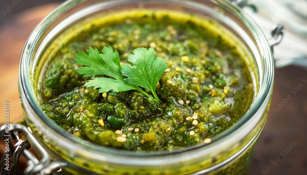 close up of a jar of traditional green georgian adjika ajika with coriander