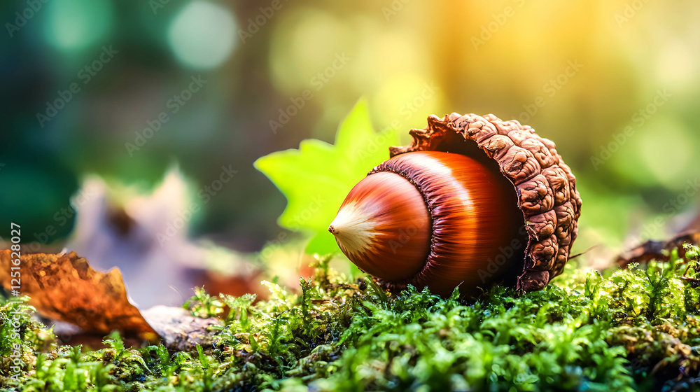 Close-Up of Acorn Nestled in Lush Green Moss in Nature Setting Close-Up of Acorn Nestled in Lush Green Moss in Nature Setting