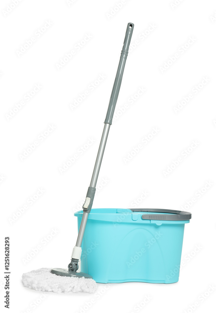 String mop and bucket isolated on white. Cleaning equipment String mop and bucket isolated on white. Cleaning equipment