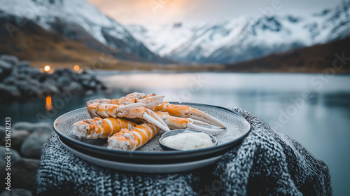 Gourmet crab legs plated in a breathtaking alpine outdoor dining experience