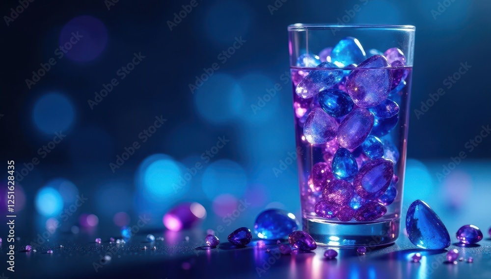 Glass shaker with blue/purple crystals, sparkling backdrop, close-up, object Glass shaker with blue/purple crystals, sparkling backdrop, close-up, object