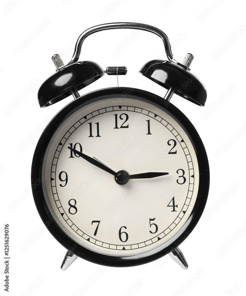 One black alarm clock in air isolated on white One black alarm clock in air isolated on white