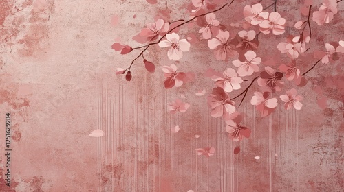 Cherry blossom branches gracefully bloom against a textured pink background photo