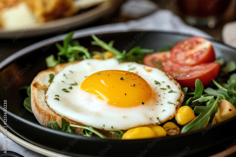 A plate featuring a sunny side up egg with greens, corn, and tomatoes. Delicious breakfast plate with fresh vegetables and fried egg. Healthy breakfast, diet and weight loss theme A plate featuring a sunny side up egg with greens, corn, and tomatoes. Delicious breakfast plate with fresh vegetables and fried egg. Healthy breakfast, diet and weight loss theme