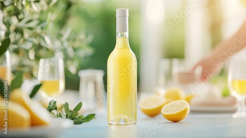Bottle of limoncello sits on a white table, with lemons and plants nearby, and the hands of a woman preparing the cocktail visible in the background. Concept traditional Italian lemon liqueur, drinks 