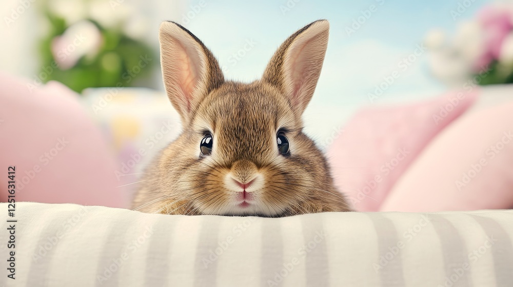 Cute Brown Bunny Peeking Over a Bedding Surrounded by Cushions in a Soft Light Environment. Cute Brown Bunny Peeking Over a Bedding Surrounded by Cushions in a Soft Light Environment.