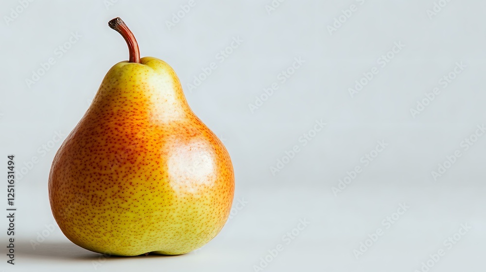 Fresh ripe pear with yellow and red blush skin on light background, close up view of whole fruit with stem showing natural organic produce. Fresh ripe pear with yellow and red blush skin on light background, close up view of whole fruit with stem showing natural organic produce.