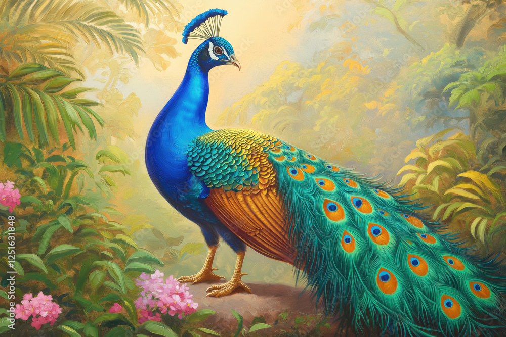 Fototapeta premium Majestic peacock showing its colorful feathers in lush jungle