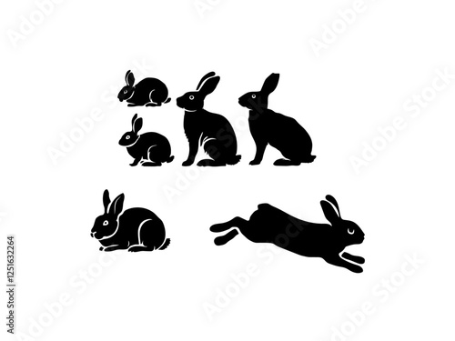 Rabbit set, vector  black and white rabbits silhouettes, of rabbits in different poses, set against a pure white background. Rabbit silhouettes vector illustration design set.