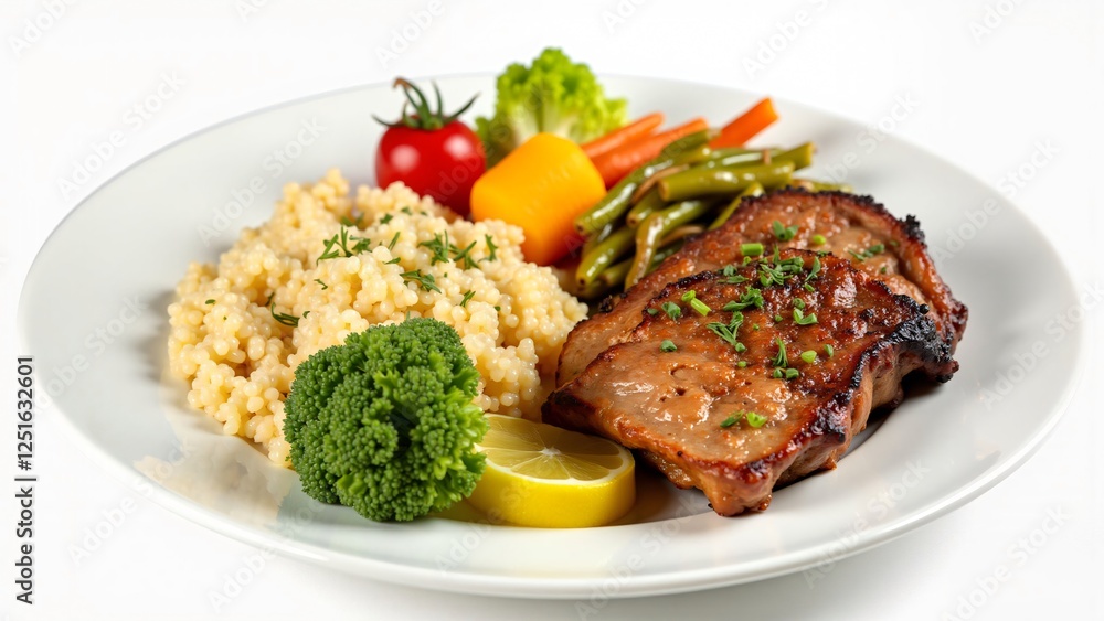 Grilled Pork Chops with Couscous and Vegetables on a White Plate Grilled Pork Chops with Couscous and Vegetables on a White Plate