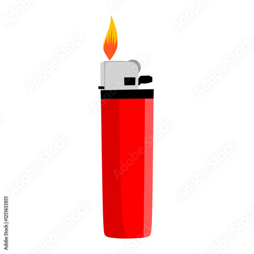 Graphic vector illustration of a lighter, a red gas lighter with a flame, isolated on a white background. Perfect for themes such as energy, fire, tools and everyday practical objects.