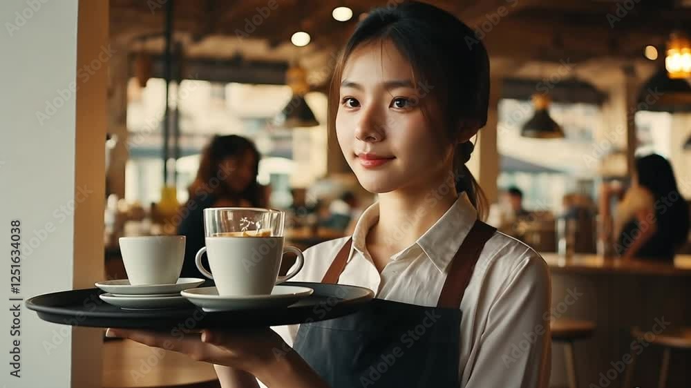 Serene Cafe Service, Young Woman Serving Hot Beverages with a Smile Serene Cafe Service, Young Woman Serving Hot Beverages with a Smile