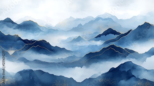 Abstract Watercolor Misty Mountains with Gold Accents