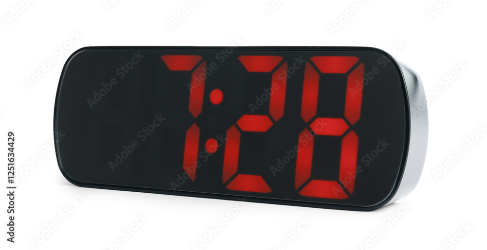 Digital alarm clock showing 7:28 o'clock on white background Digital alarm clock showing 7:28 o'clock on white background