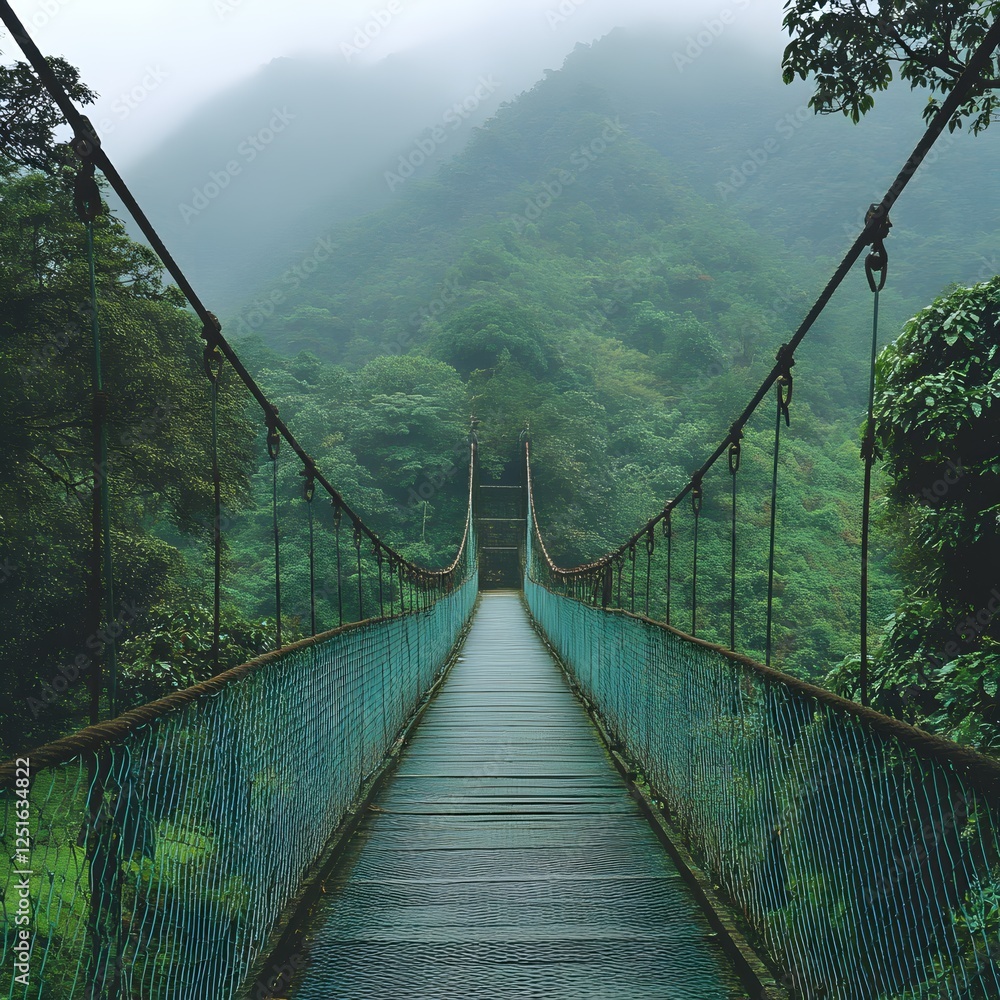 Obraz premium Misty Suspension Bridge Path Through Lush Green Forest Mountains in a Tranquil Atmosphere