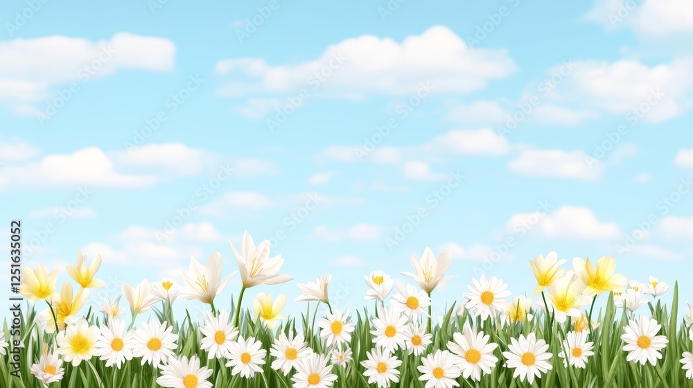 Daisies and Yellow Flowers in Grassy Field under Blue Cloudy Sky Scenery. Daisies and Yellow Flowers in Grassy Field under Blue Cloudy Sky Scenery.