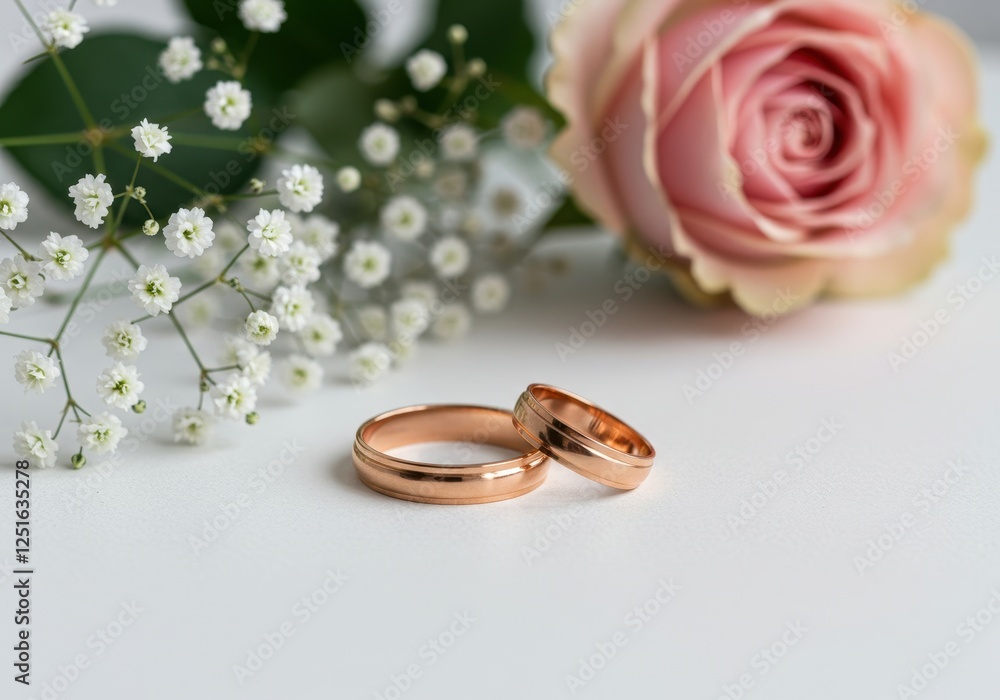 Two gold wedding bands placed on a white surface with delicate baby breath flowers and a pink rose in the background Two gold wedding bands placed on a white surface with delicate baby breath flowers and a pink rose in the background