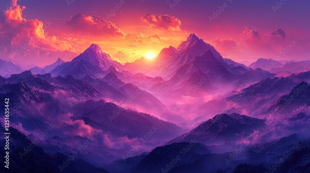 Majestic sunrise over purple mountain range, misty valley Majestic sunrise over purple mountain range, misty valley