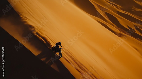 Fototapeta Naklejka Na Ścianę i Meble -  Motorcyclist riding down massive sand dunes in the golden desert
