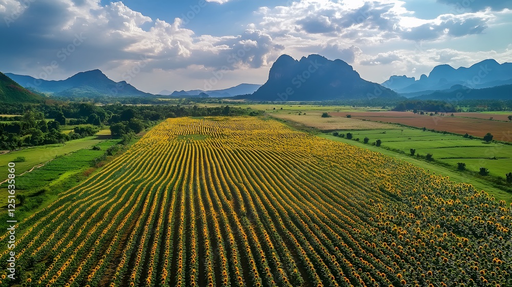 Fototapeta premium Lush green rice fields extending towards mountains, vibrant landscape under a dramatic sky, ideal for nature-related content.