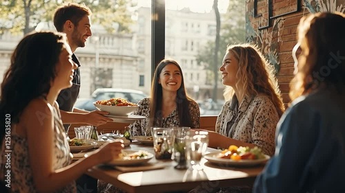 Sunlit Lunchtime, Friends enjoying joyful moments at trendy restaurant