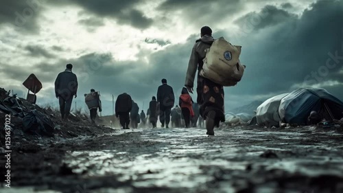 Scene of refugees on the move in a disaster, seamless repeating motion for background video animation