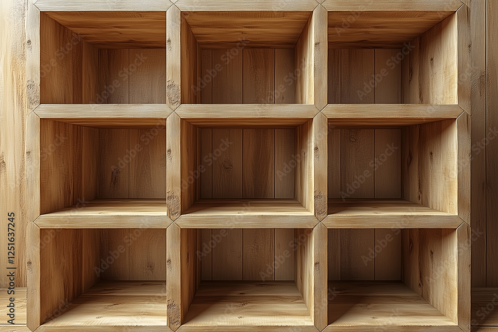 Wooden display shelf with nine cubical compartments in a minimalist interior setting Wooden display shelf with nine cubical compartments in a minimalist interior setting