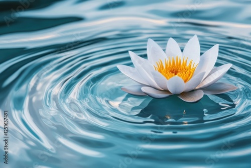 Serene white water lily floating on calm blue water with gentle ripples.