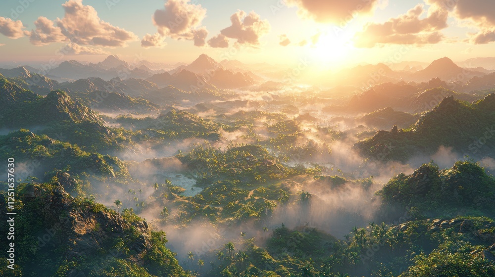 Sunset over misty tropical mountain range Sunset over misty tropical mountain range