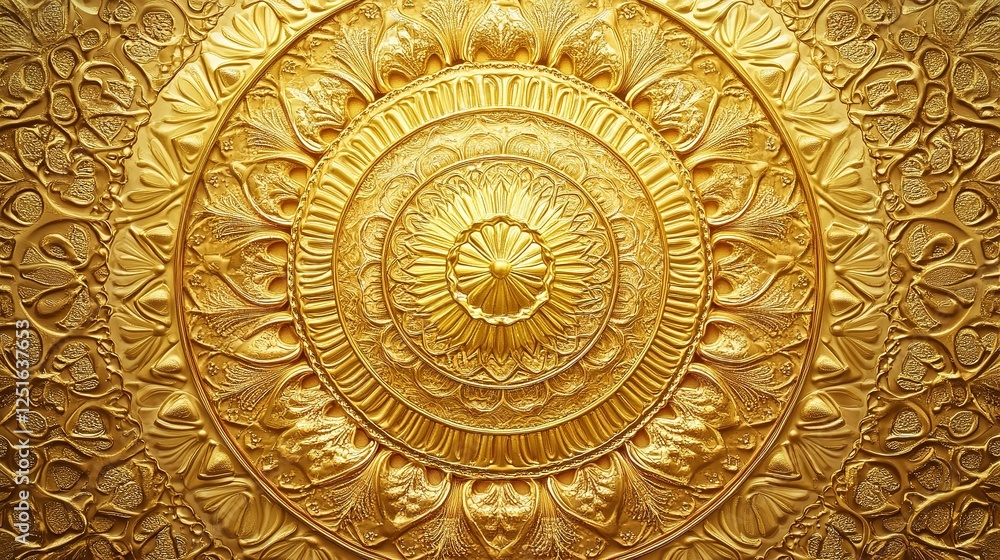 Golden Mandala: A textured circular ornate design of a shiny metallic gold surface Golden Mandala: A textured circular ornate design of a shiny metallic gold surface