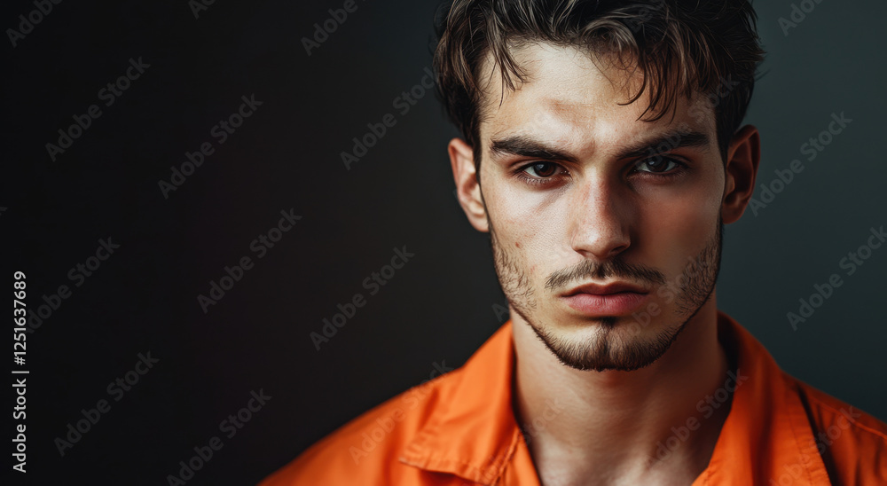 Man with short, messy hair is dressed in an orange prison uniform, displaying a serious expression against a dark backdrop Man with short, messy hair is dressed in an orange prison uniform, displaying a serious expression against a dark backdrop