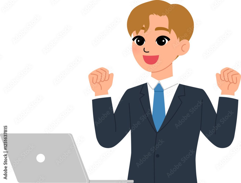 Happy Businessman Raising fits in Celebration with Laptop illustration Happy Businessman Raising fits in Celebration with Laptop illustration