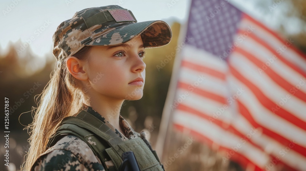 A side-profile shot of a dedicated US soldier in camouflage uniform and cap, standing before a gently waving American flag, with a focused and determined look A side-profile shot of a dedicated US soldier in camouflage uniform and cap, standing before a gently waving American flag, with a focused and determined look