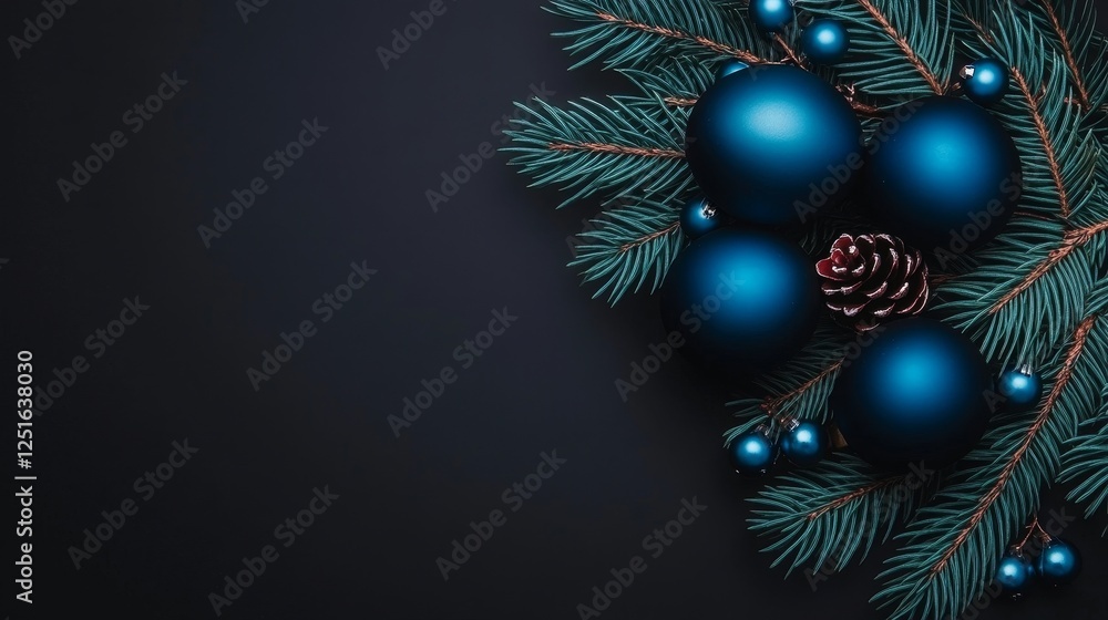 Dark Pine Branches with Blue Ornaments and Pine Cone Christmas Celebration Decoration. Dark Pine Branches with Blue Ornaments and Pine Cone Christmas Celebration Decoration.