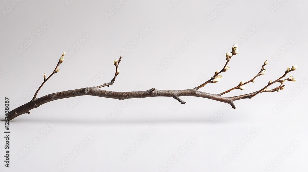 A twig with buds on it is shown from two different angles. A twig with buds on it is shown from two different angles.