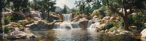 Waterfall in a landscaped garden, scenic view, possible use for nature-themed designs photo