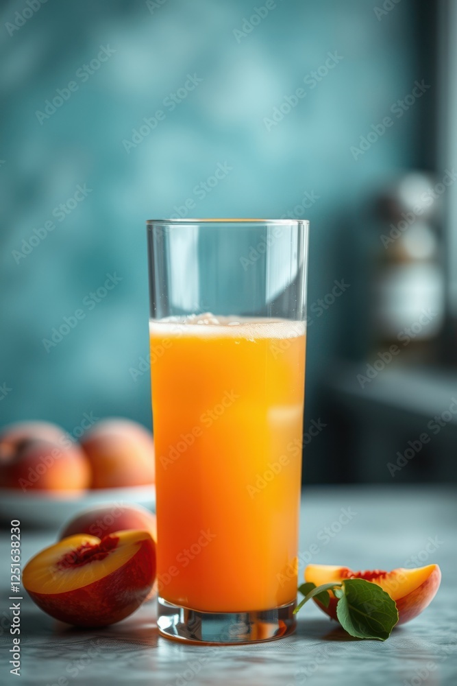 Refreshing peach juice in a tall glass, garnished with peach slices on a marble surface. Healthy drink. Refreshing peach juice in a tall glass, garnished with peach slices on a marble surface. Healthy drink.