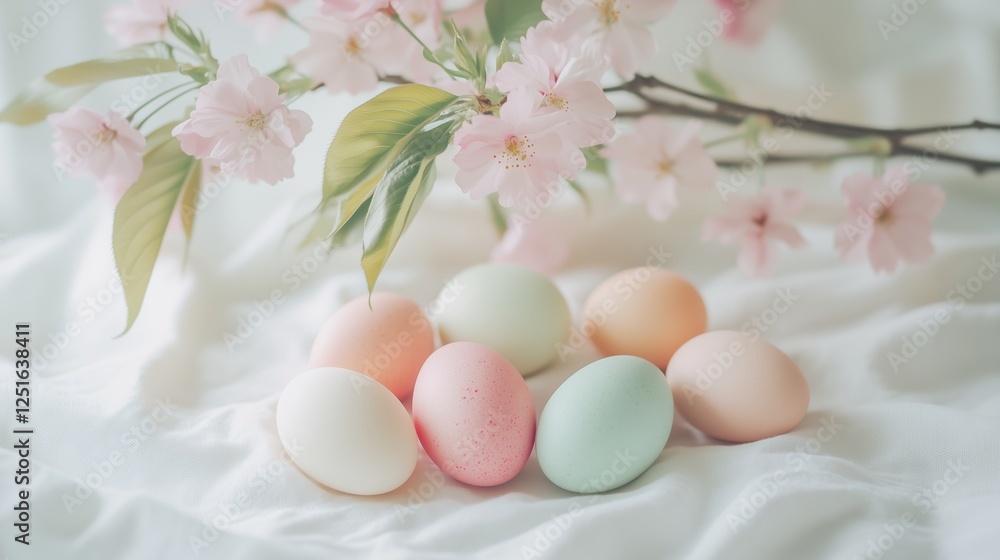 Colorful Easter eggs arranged on a linen tablecloth beneath a blooming cherry tree Colorful Easter eggs arranged on a linen tablecloth beneath a blooming cherry tree