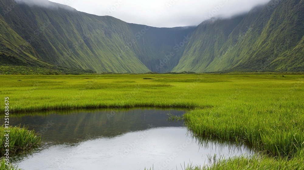 Majestic landscape capture of lush green valley with tranquil water body natural environment aerial viewpoint serene nature concept Majestic landscape capture of lush green valley with tranquil water body natural environment aerial viewpoint serene nature concept