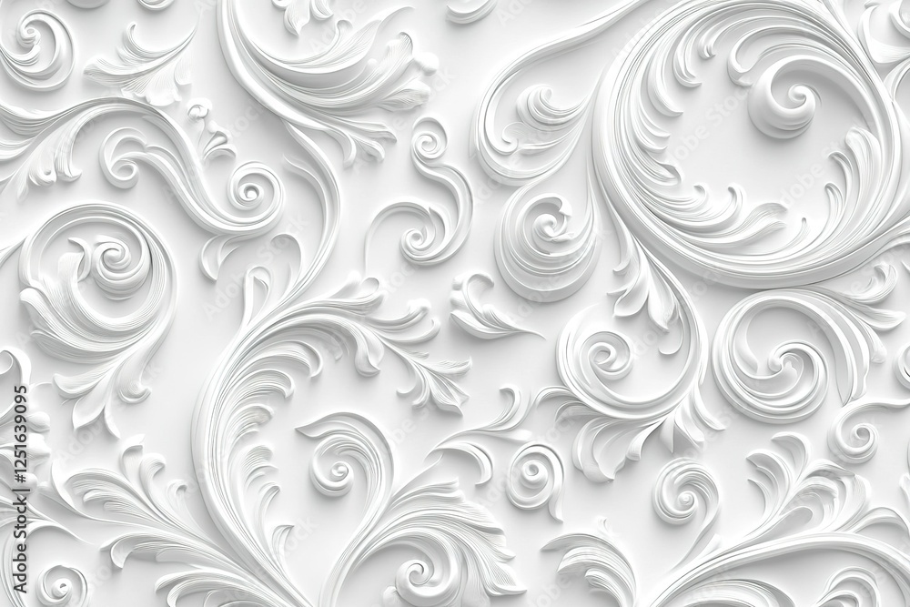 Elegant white floral swirl pattern with three dimensional depth and flowing design Elegant white floral swirl pattern with three dimensional depth and flowing design